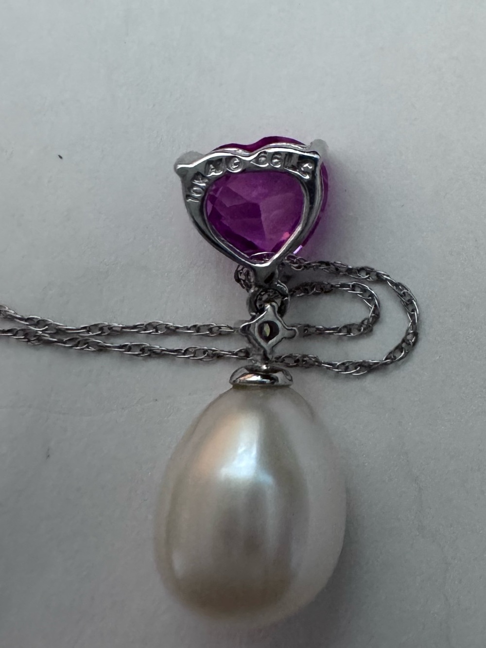 Fine jewelry 10k white gold necklace/pendant pink sapphire fresh water pearl - Picture 6 of 8